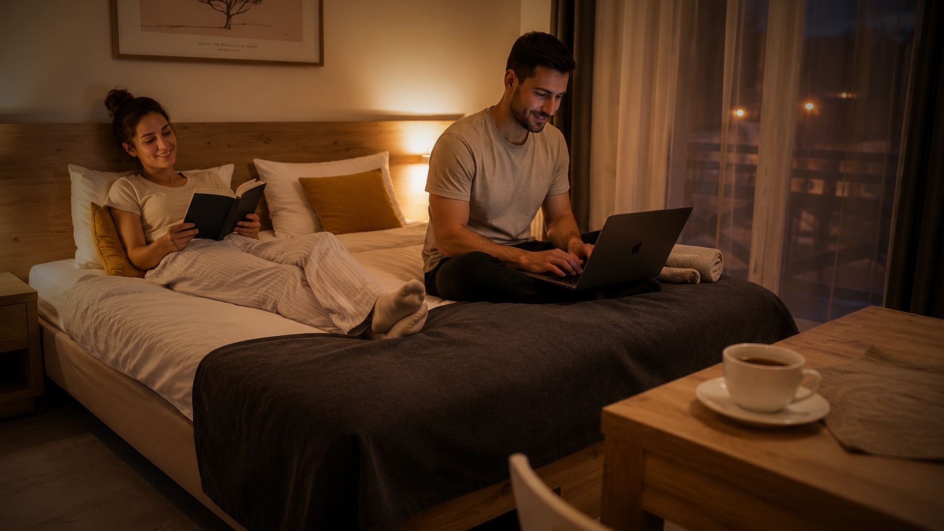 Para odpoczywająca wieczorem w pokoju dwuosobowym w Rezydencji Pod Ochorowiczówką B&B w Wiśle