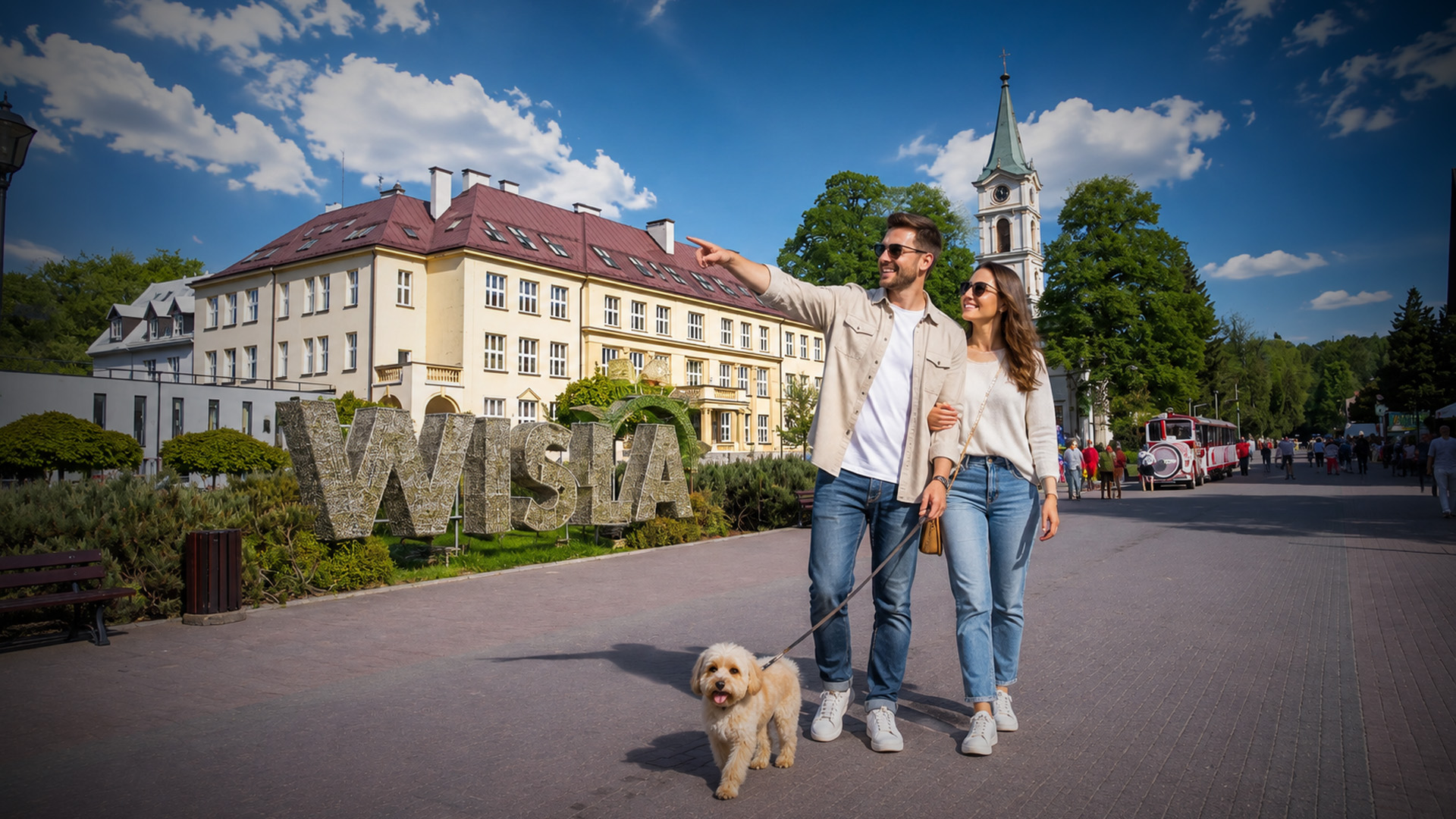 Para z psem na deptaku w Wiśle przy napisie WISŁA