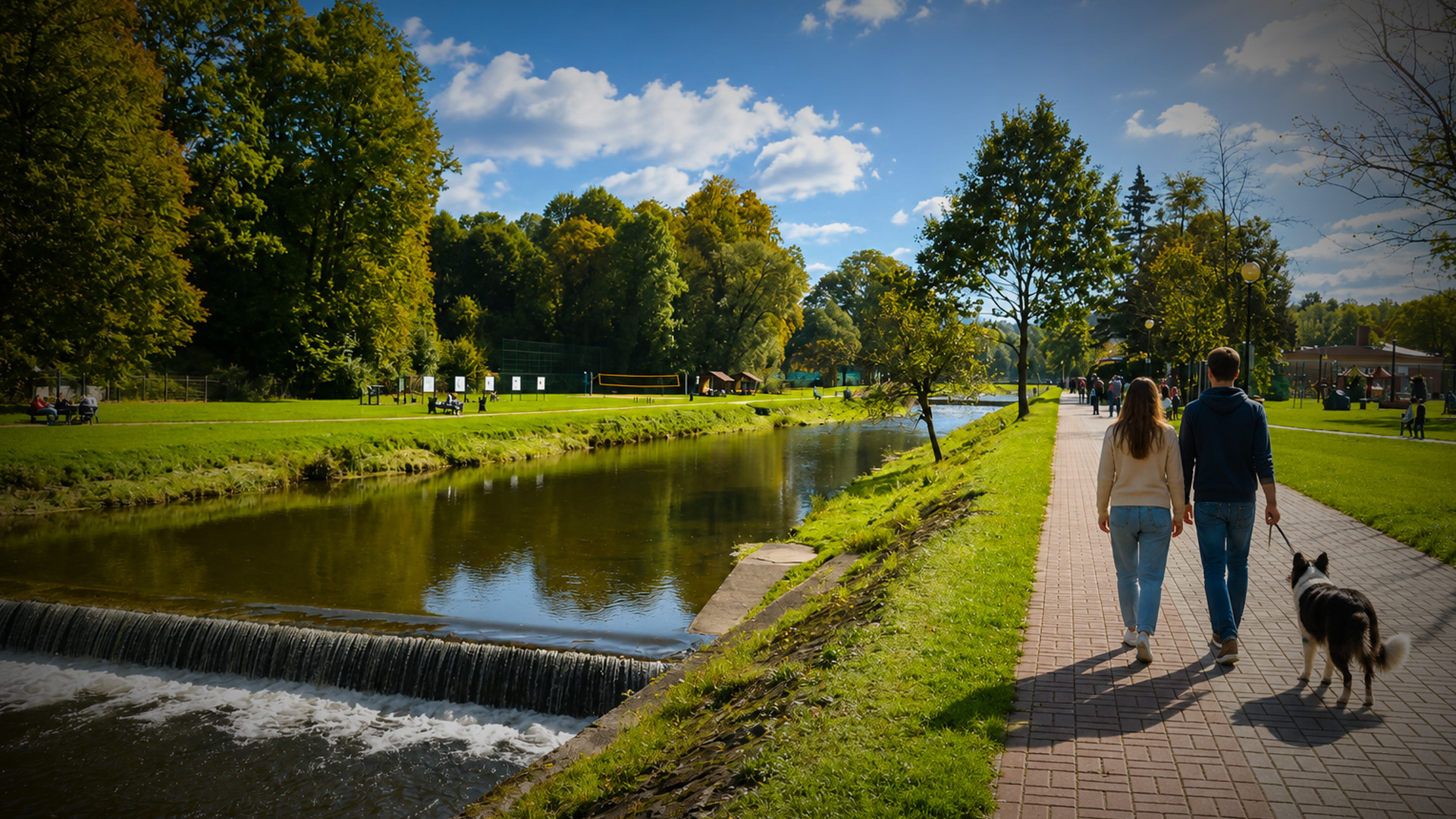 Para spacerująca z psem po bulwarach nad rzeką Wisłą